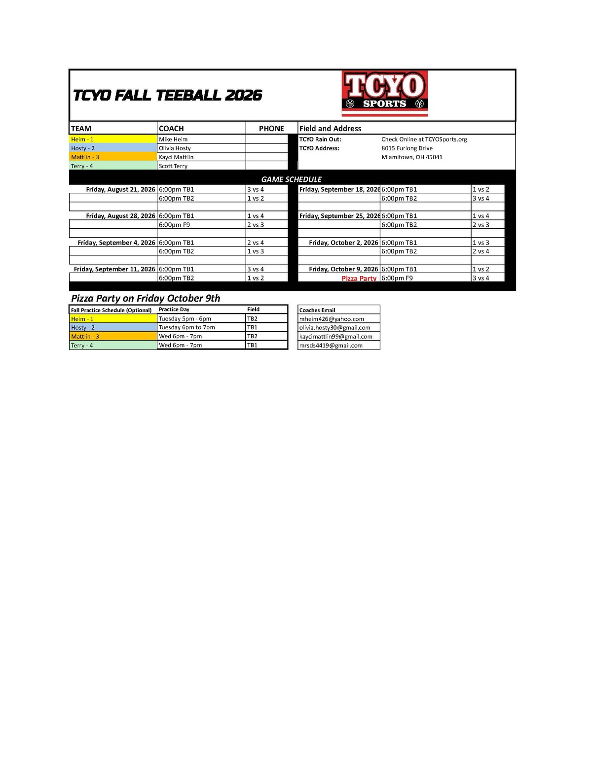 Teeball Friday Night Schedule 